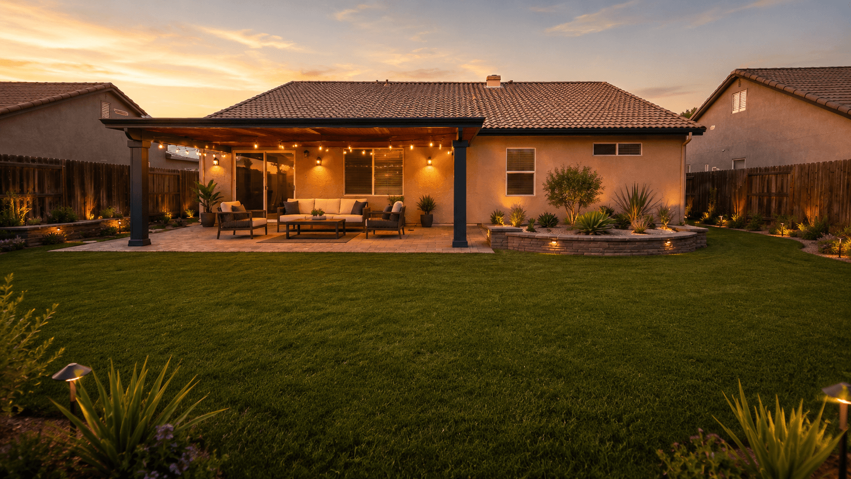 After - Custom alumawood patio + landscape — Central Valley