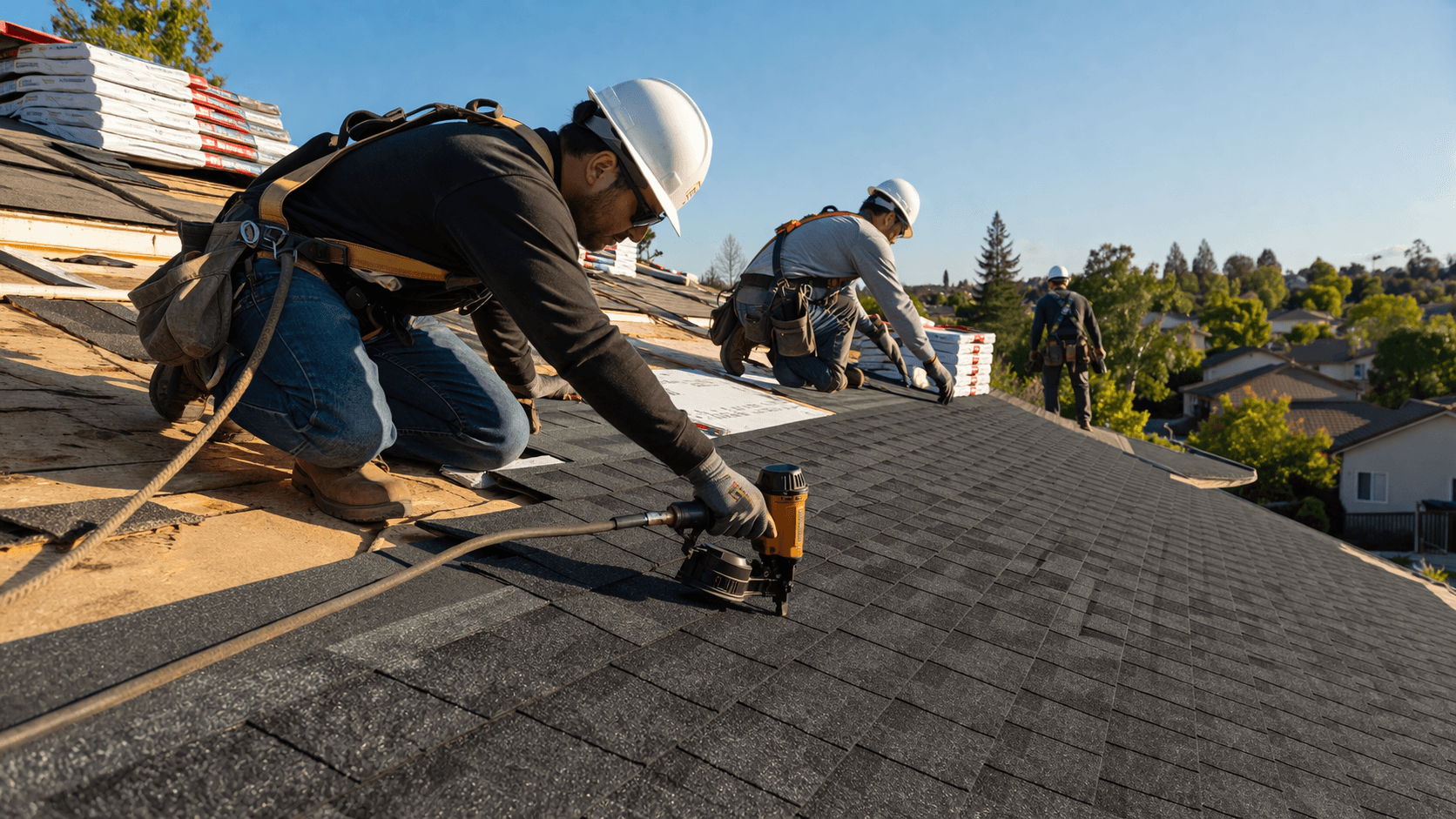 Home Energy Construction roofing crew installing a new roof in Fresno